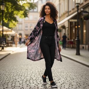 Soma Floral Kimono Cardigan Black Pink Open Front Size Large